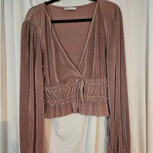 ZARA Pleated Ruffle Waist Blouse Top in Metallic Nude Brown Size‎ L